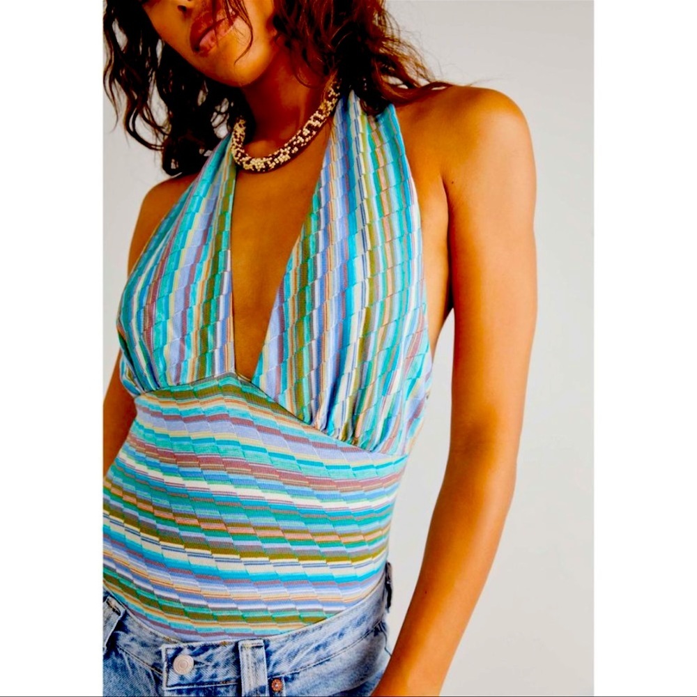 𝅺Free People Retro Babe Halter Bodysuit / Blue Combo Sz M MSRP $68
